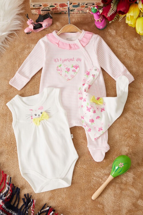 Pembe Kalp Nakışlı Kız Bebek Badili Tulum Takımı 17512