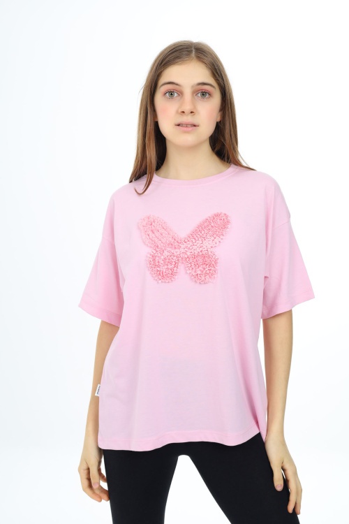 Pembe Kelebek İşlemeli Kısa Kol Kız Çocuk Tişört 17783