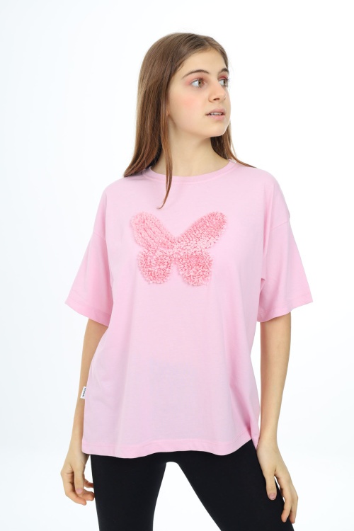 Pembe Kelebek İşlemeli Kısa Kol Kız Çocuk Tişört 17783