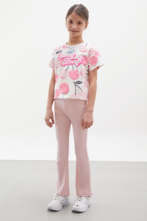 Pembe Kiraz Baskılı İspanyol Paça Taytlı Kız Çocuk Takım 17992