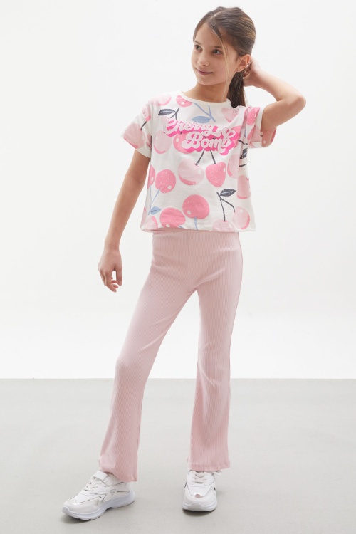 Pembe Kiraz Baskılı İspanyol Paça Taytlı Kız Çocuk Takım 17992