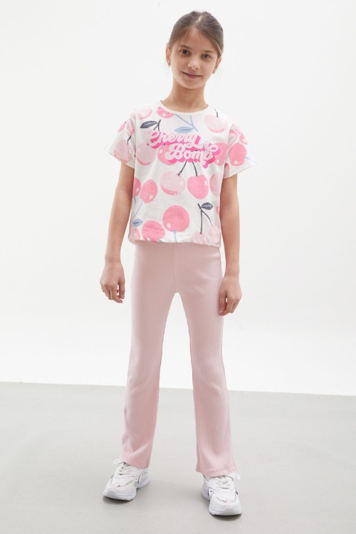Pembe Kiraz Baskılı İspanyol Paça Taytlı Kız Çocuk Takım 17992