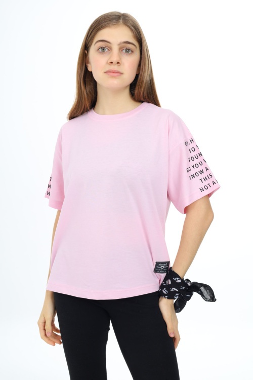 Pembe Kolları Yazı Baskılı Armalı Kız Çocuk Basic Tişört 17800