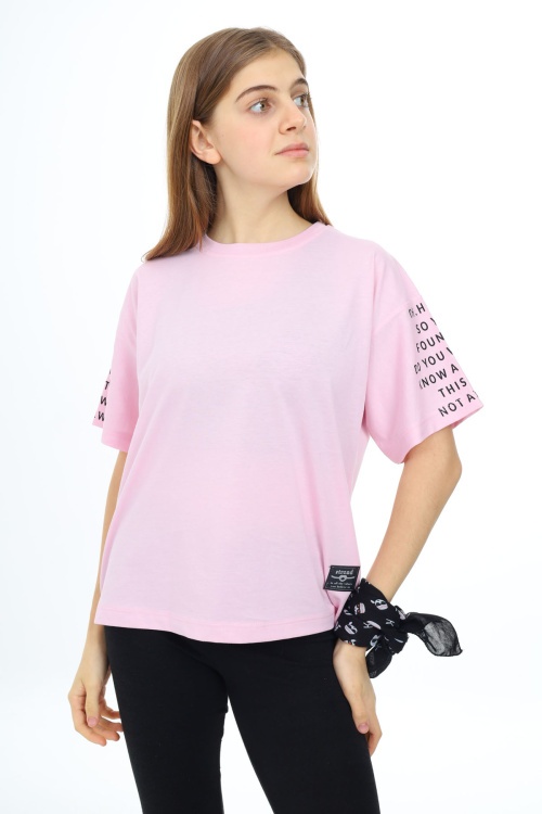 Pembe Kolları Yazı Baskılı Armalı Kız Çocuk Basic Tişört 17800