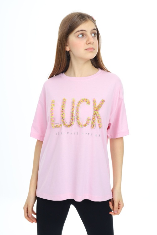 Pembe Luck Yazılı Bisiklet Yaka Kız Tişört 17802