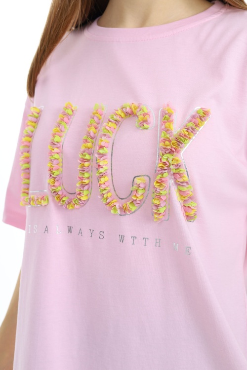 Pembe Luck Yazılı Bisiklet Yaka Kız Tişört 17802