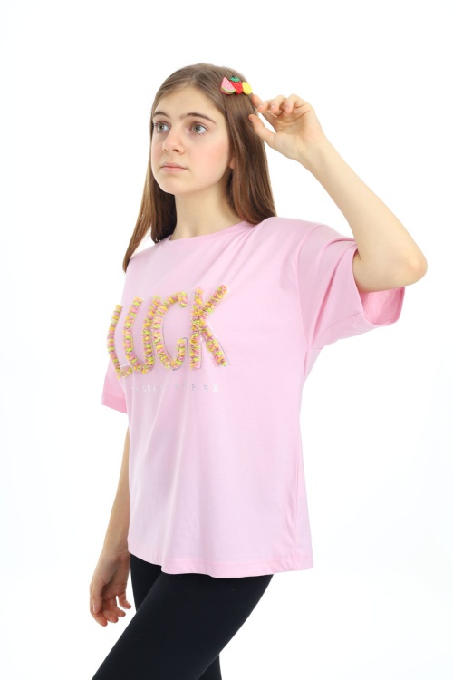 Pembe Luck Yazılı Bisiklet Yaka Kız Tişört 17802