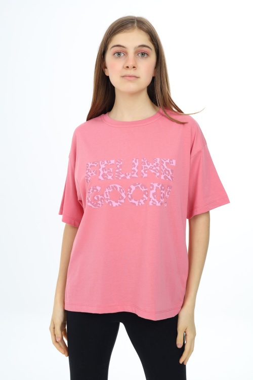 Pembe Leopar Desenli Yazılı Bisiklet Yaka Kız T-shirt 17781