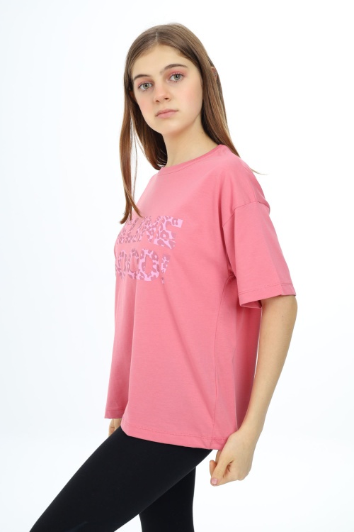 Pembe Leopar Desenli Yazılı Bisiklet Yaka Kız T-shirt 17781