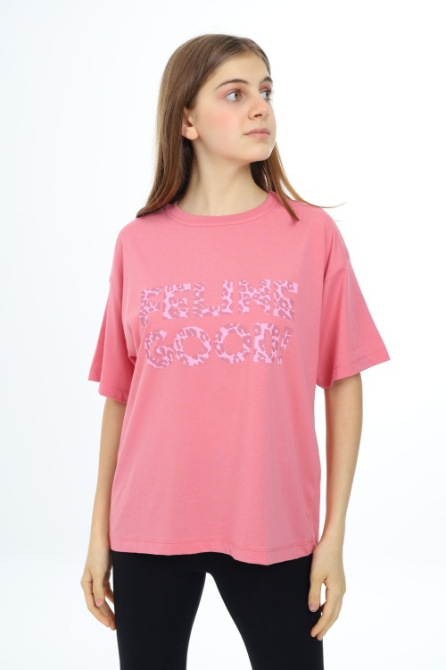 Pembe Leopar Desenli Yazılı Bisiklet Yaka Kız T-shirt 17781