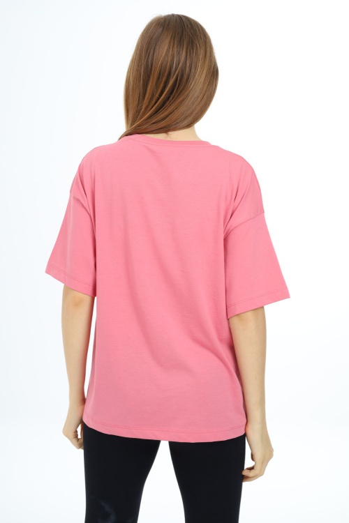 Pembe Leopar Desenli Yazılı Bisiklet Yaka Kız T-shirt 17781