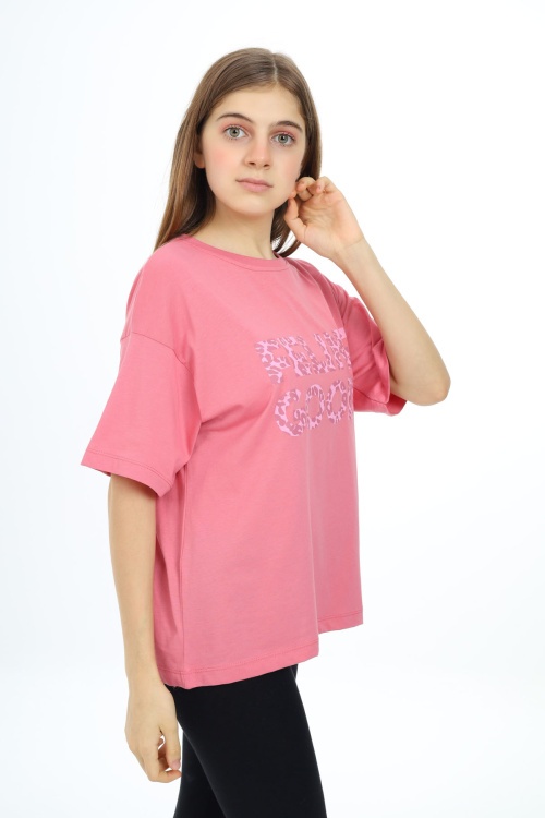 Pembe Leopar Desenli Yazılı Bisiklet Yaka Kız T-shirt 17781