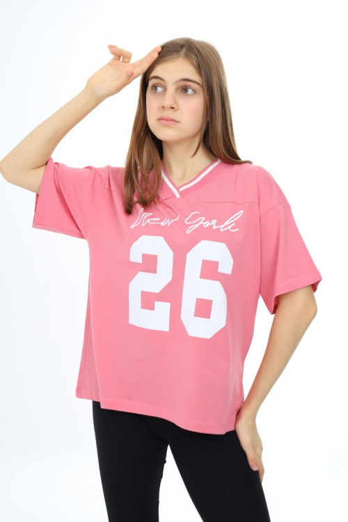 Pembe Önü Yazılı V Yaka Kız Oversize Tişört 17809