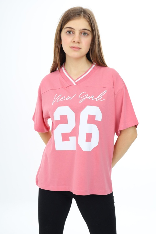 Pembe Önü Yazılı V Yaka Kız Oversize Tişört 17809