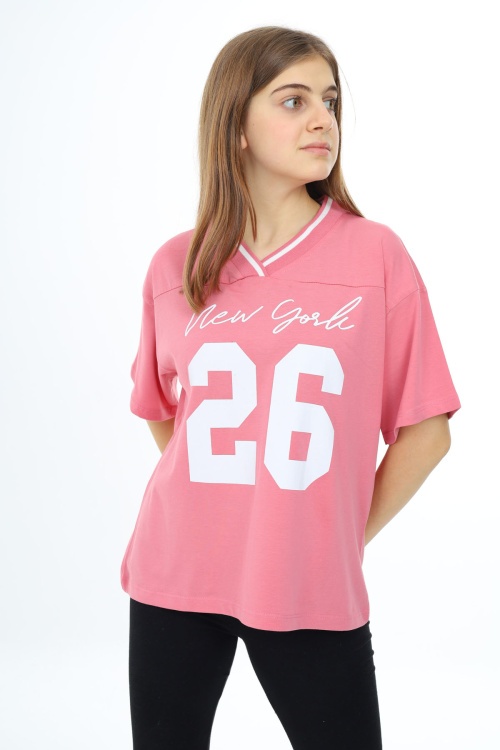 Pembe Önü Yazılı V Yaka Kız Oversize Tişört 17809