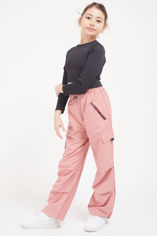 Pembe Şeritli Fermuarlı Kargo Cepli Kız Paraşüt Pantolon 17605