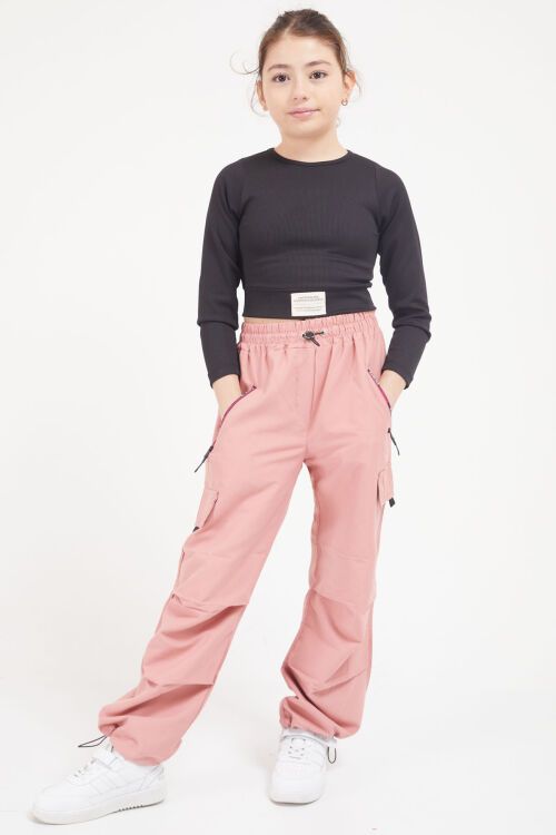 Pembe Şeritli Fermuarlı Kargo Cepli Kız Paraşüt Pantolon 17605