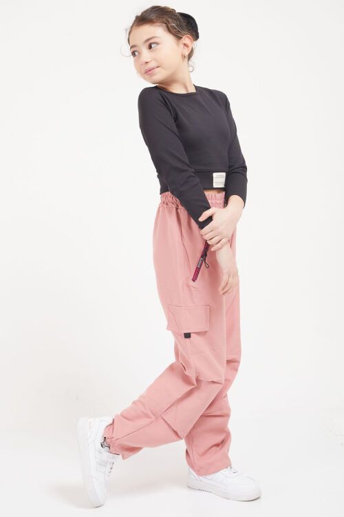 Pembe Şeritli Fermuarlı Kargo Cepli Kız Paraşüt Pantolon 17605