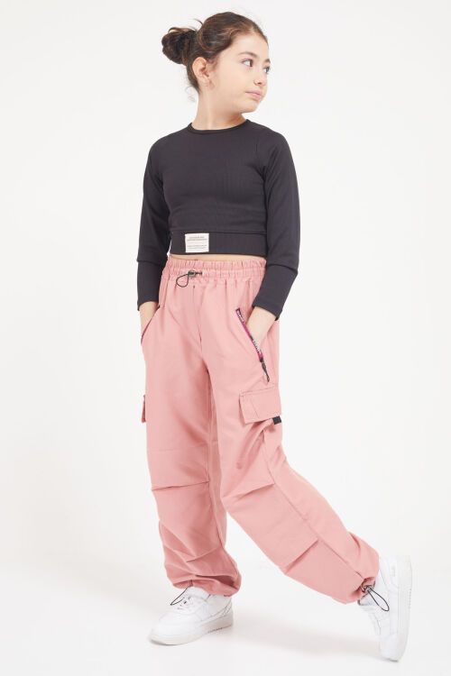 Pembe Şeritli Fermuarlı Kargo Cepli Kız Paraşüt Pantolon 17605