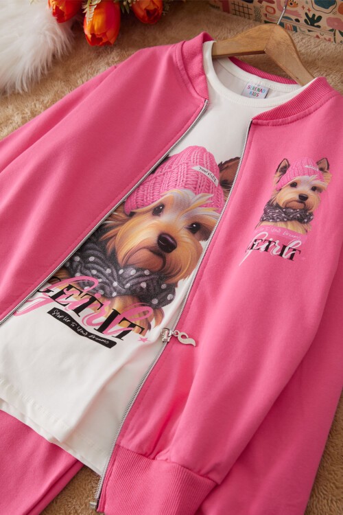 Pembe Sevimli Köpek Baskılı Hırkalı Kız Çocuk 3lü Takım 17432