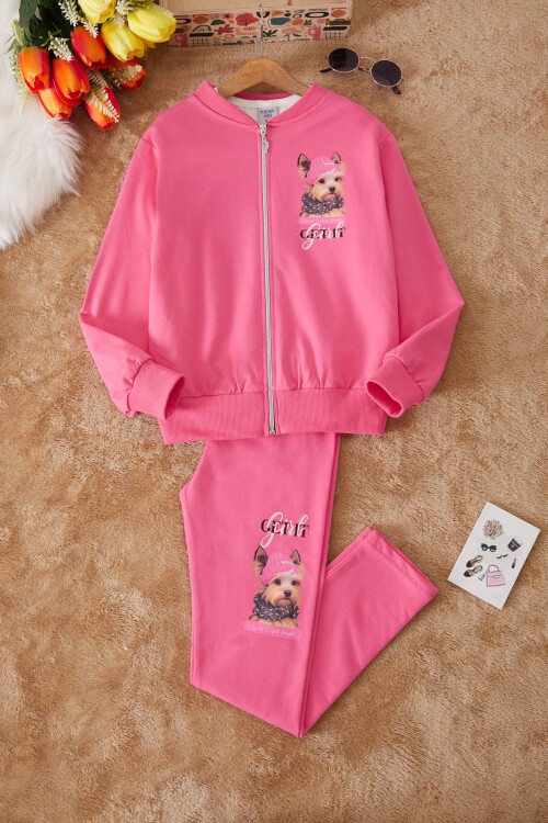 Pembe Sevimli Köpek Baskılı Hırkalı Kız Çocuk 3lü Takım 17432