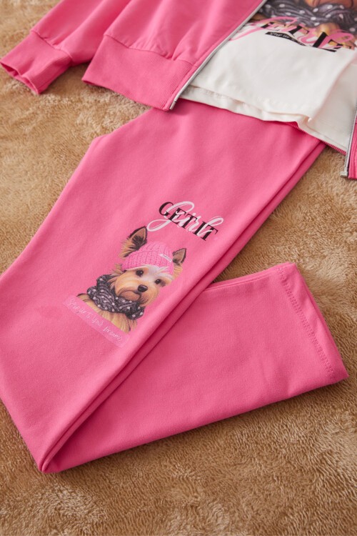 Pembe Sevimli Köpek Baskılı Hırkalı Kız Çocuk 3lü Takım 17432