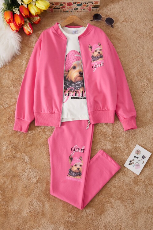 Pembe Sevimli Köpek Baskılı Hırkalı Kız Çocuk 3lü Takım 17432