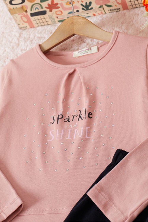 Pembe Shine Yazılı Payetli Kız Çocuk Taytlı Takım 17465