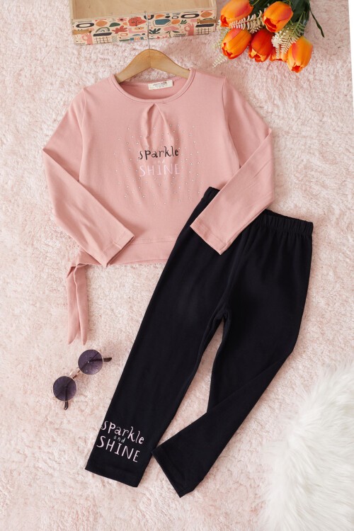 Pembe Shine Yazılı Payetli Kız Çocuk Taytlı Takım 17465