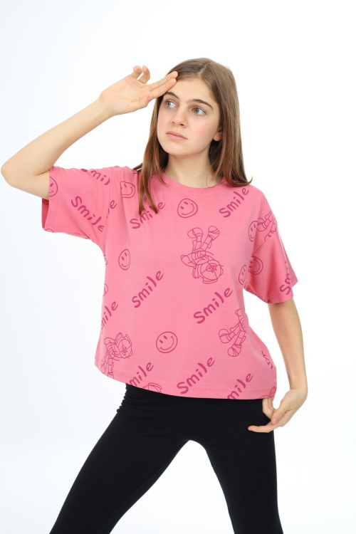 Pembe Smile Baskılı Bisiklet Yaka Kız Çocuk T-shirt 17766