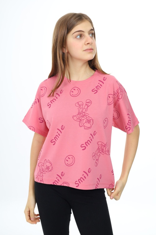 Pembe Smile Baskılı Bisiklet Yaka Kız Çocuk T-shirt 17766