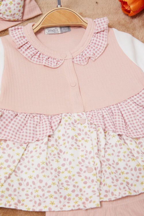 Pembe Yaprak Desenli Fiyonklu Şapkalı Kız Bebek Yenidoğan 3lü Takım 17624