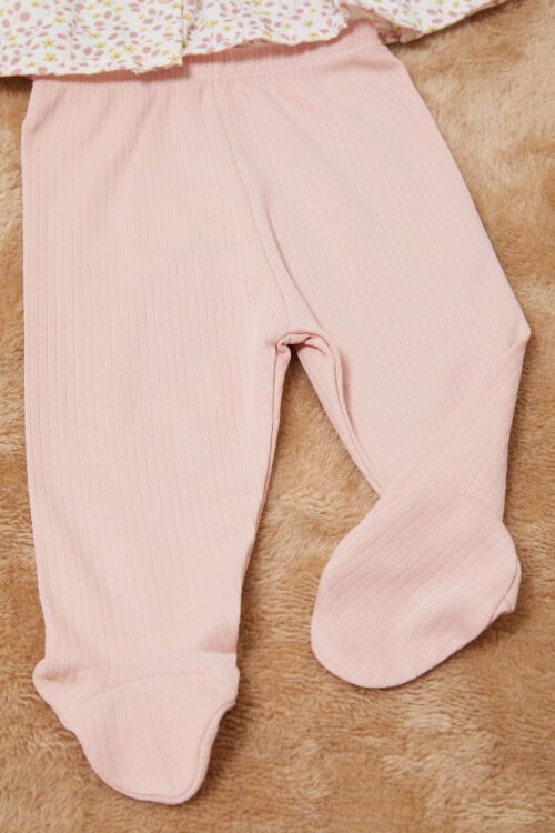 Pembe Yaprak Desenli Fiyonklu Şapkalı Kız Bebek Yenidoğan 3lü Takım 17624