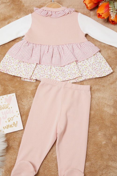 Pembe Yaprak Desenli Fiyonklu Şapkalı Kız Bebek Yenidoğan 3lü Takım 17624