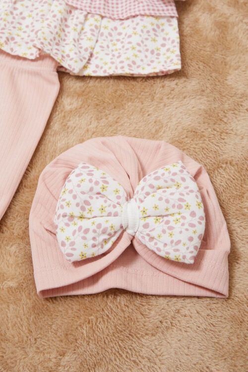 Pembe Yaprak Desenli Fiyonklu Şapkalı Kız Bebek Yenidoğan 3lü Takım 17624