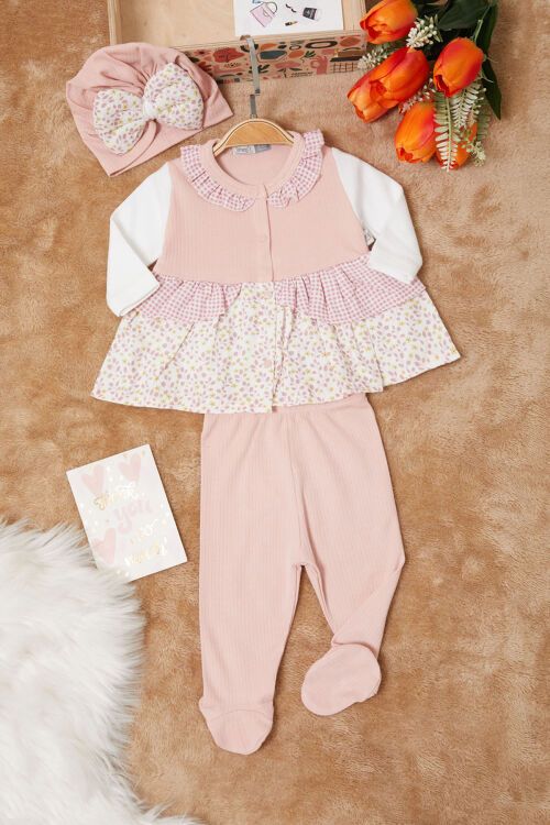 Pembe Yaprak Desenli Fiyonklu Şapkalı Kız Bebek Yenidoğan 3lü Takım 17624