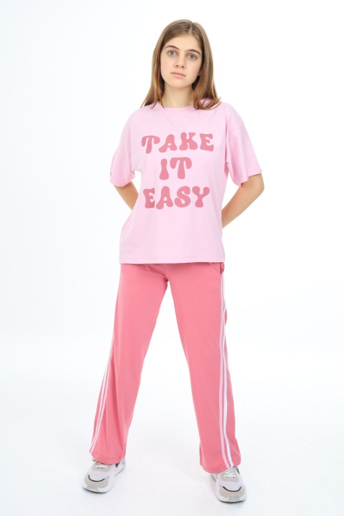 Pembe Yazı Baskılı Kısa Kollu Kız Çocuk Takım 17951