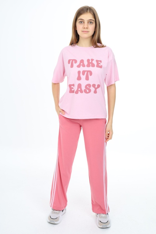 Pembe Yazı Baskılı Kısa Kollu Kız Çocuk Takım 17951