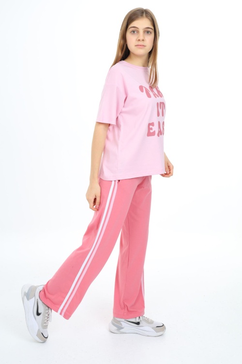 Pembe Yazı Baskılı Kısa Kollu Kız Çocuk Takım 17951