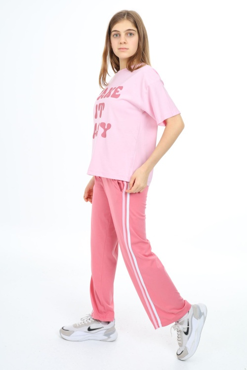 Pembe Yazı Baskılı Kısa Kollu Kız Çocuk Takım 17951