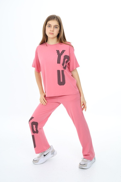 Pembe You Yazı Baskılı Kız Çocuk Takım 17872