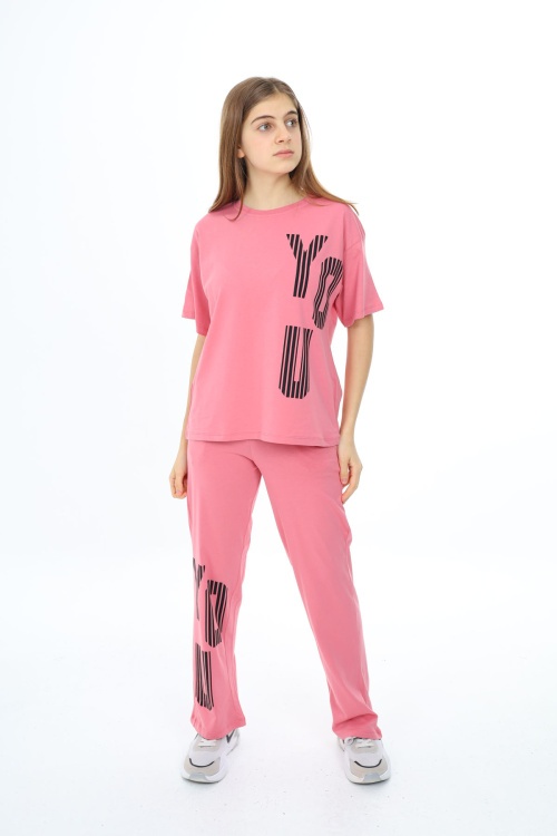 Pembe You Yazı Baskılı Kız Çocuk Takım 17872