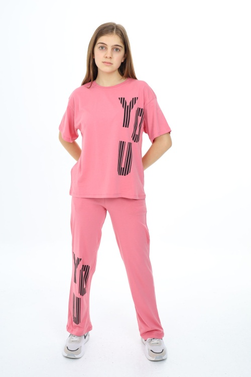 Pembe You Yazı Baskılı Kız Çocuk Takım 17872