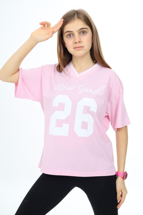 Pudra Önü Yazılı V Yaka Kız Oversize Tişört 17811