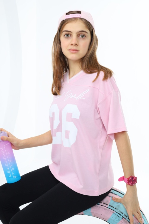 Pudra Önü Yazılı V Yaka Kız Oversize Tişört 17811