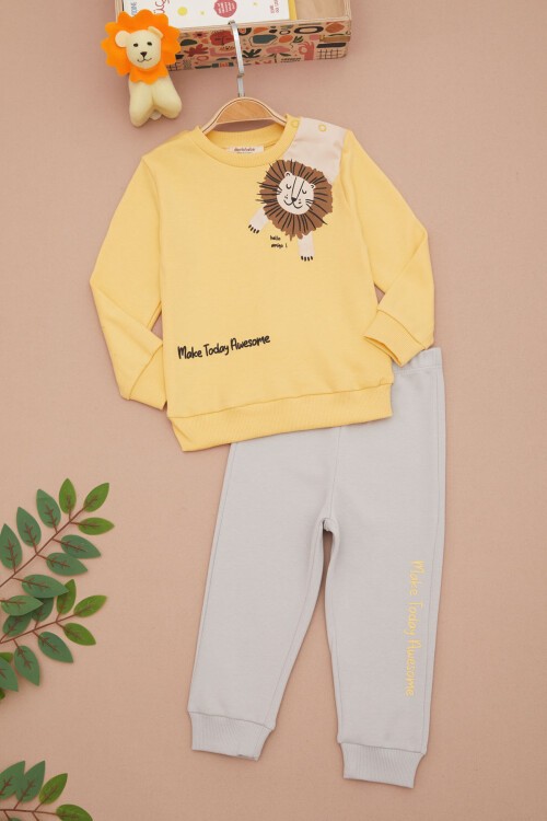 Sarı Aslan Baskılı Yazılı Erkek Bebek Takımı 17396