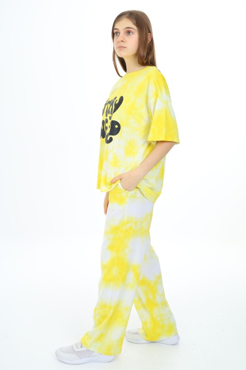 Sarı Batik Desenli Kısa Kollu Kız Çocuk Takım 17948 