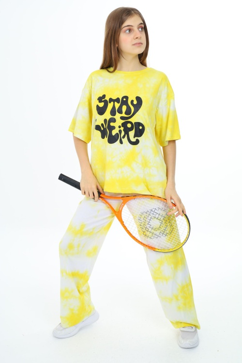 Sarı Batik Desenli Kısa Kollu Kız Çocuk Takım 17948 