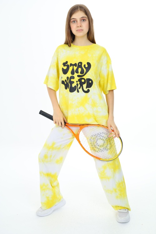 Sarı Batik Desenli Kısa Kollu Kız Çocuk Takım 17948 