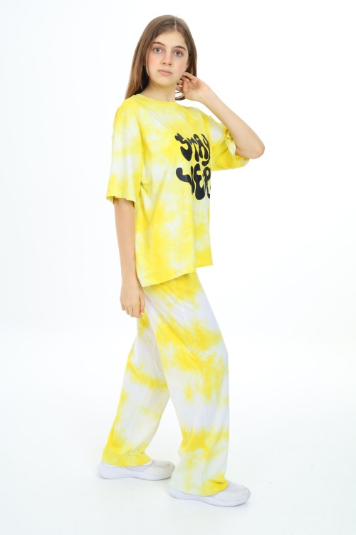 Sarı Batik Desenli Kısa Kollu Kız Çocuk Takım 17948 